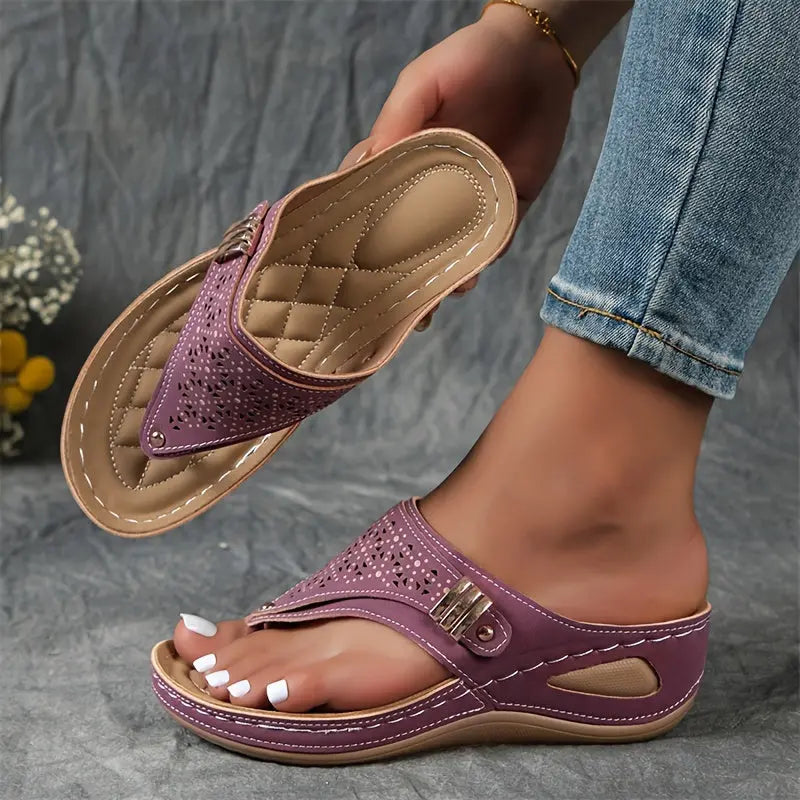 Cut Out Floral Thong Wedge Sandals