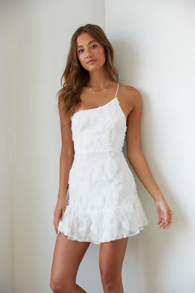 Floral Applique Lace One Shoulder Ruffle Hem Mini Dress 7