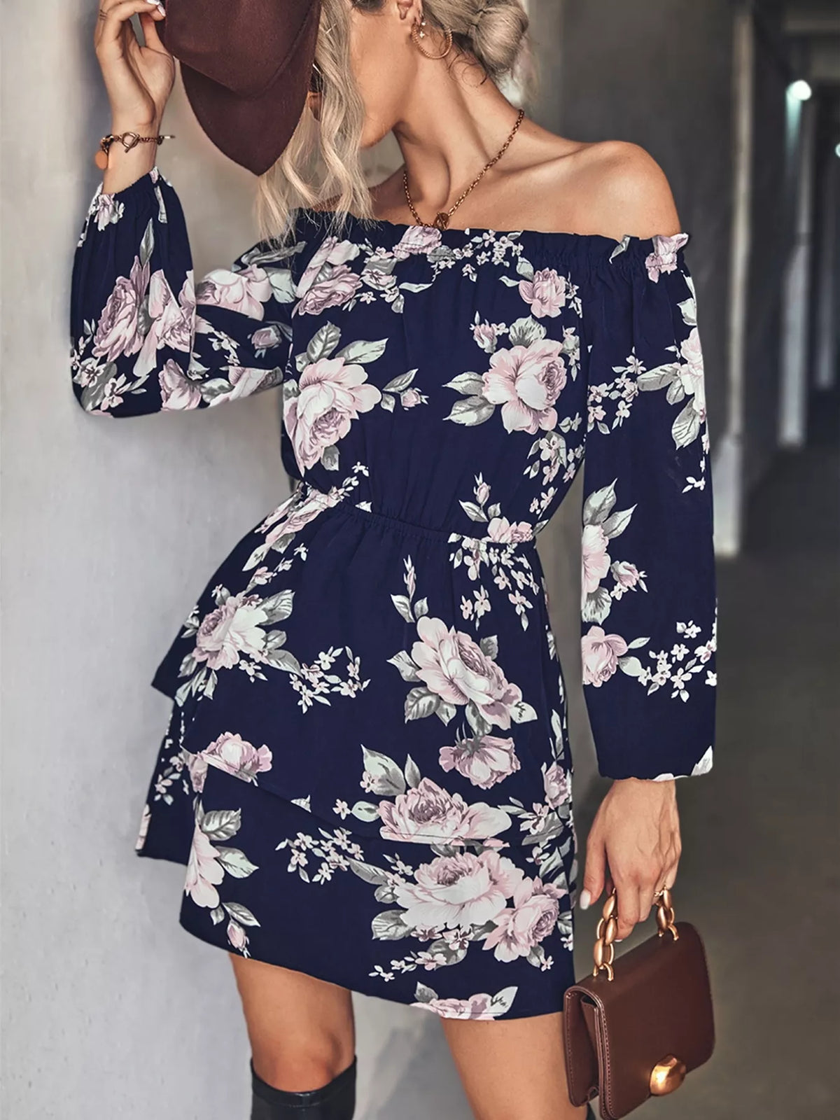 Off-Shoulder Floral Print Long Sleeve Mini Dress