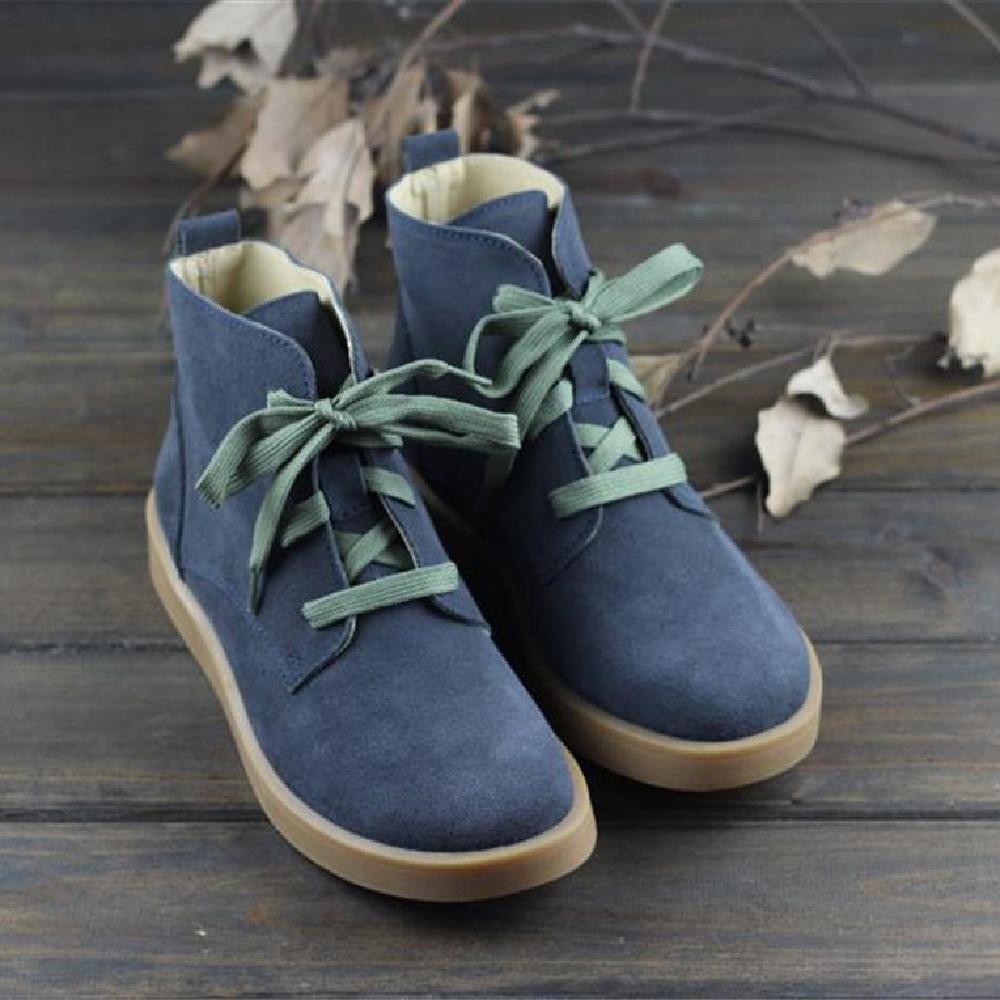 Nubuck Leather Boots Fur Lining Casual Ankle Boots Light Apricot/Dark Blue