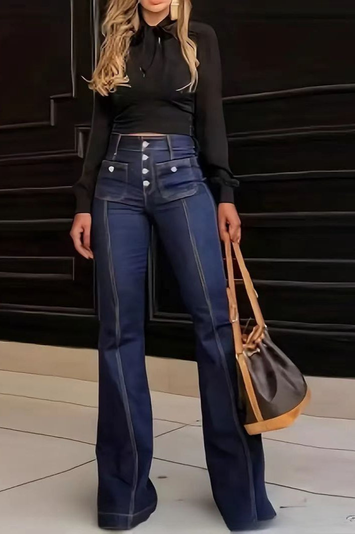 High Waist Button Front Patch Pocket Seamed Flare Denim Jeans
