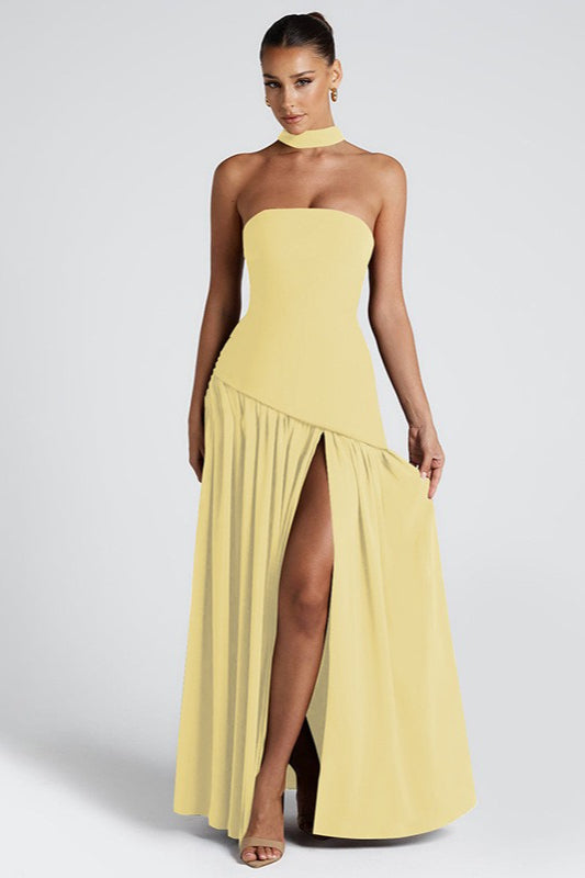 Strapless Bandeau Diagonal Seam Pleated Tier Maxi Gown