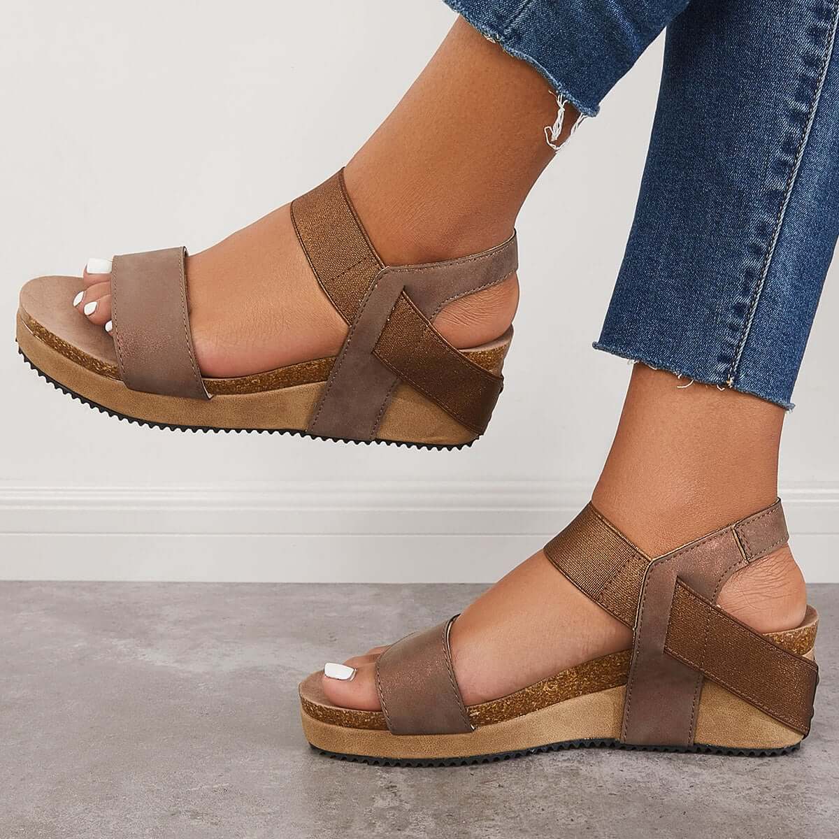 Open Toe Cork Footbed Platform Wedges Ankle Strap Sandals