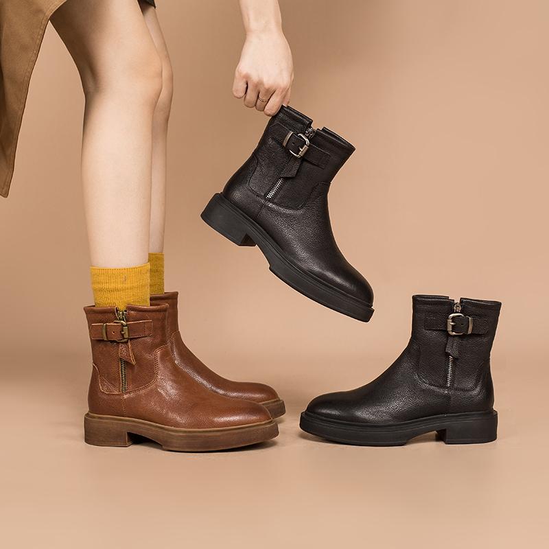 Full Grain Leather Short Boots Designer Retro Chunky Riding Boots Side Zip Buckle Boots Brown/Black