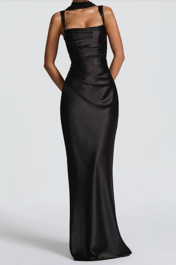 Satin Square Neck Ruched Slim Fit Maxi Prom Dress