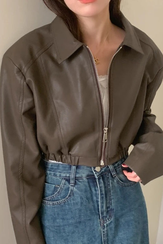French Design Zipper Crop Leather Jacket