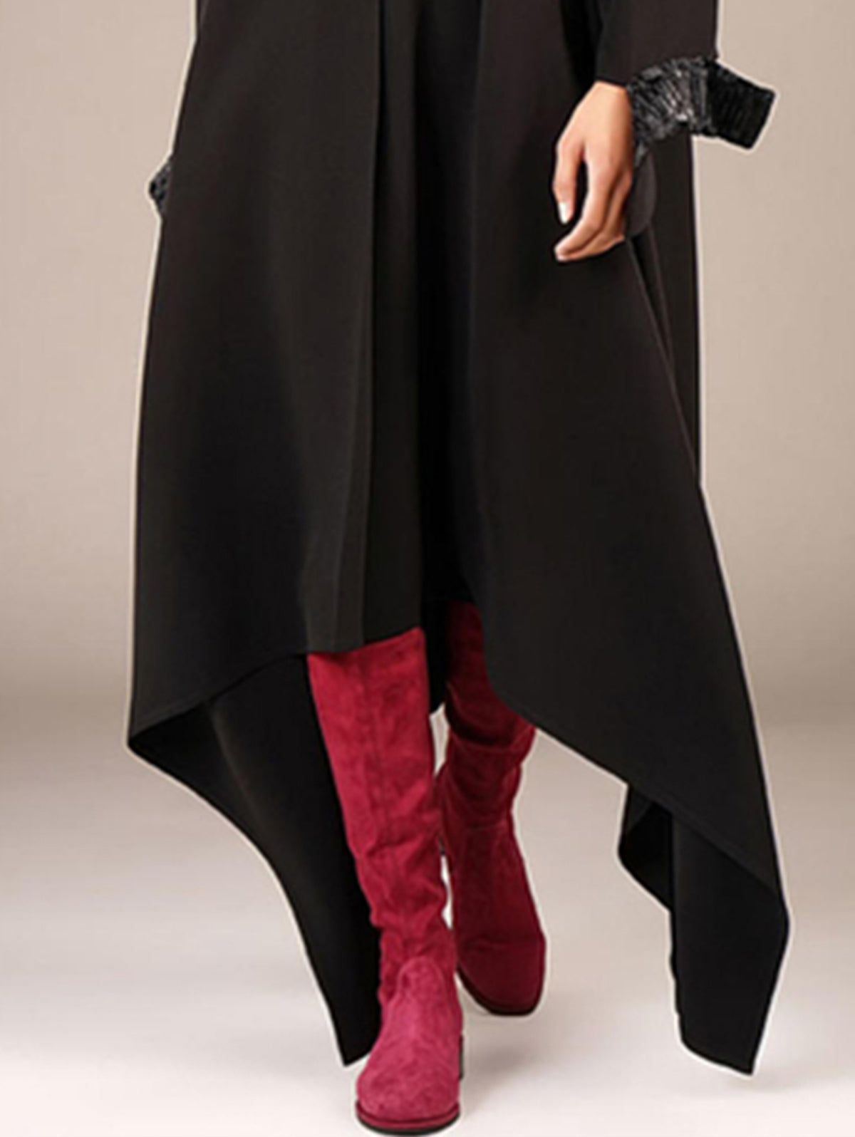Zip Front Mock Neck Long Sleeve Contrast Cuff Handkerchief Hem Midi Dress