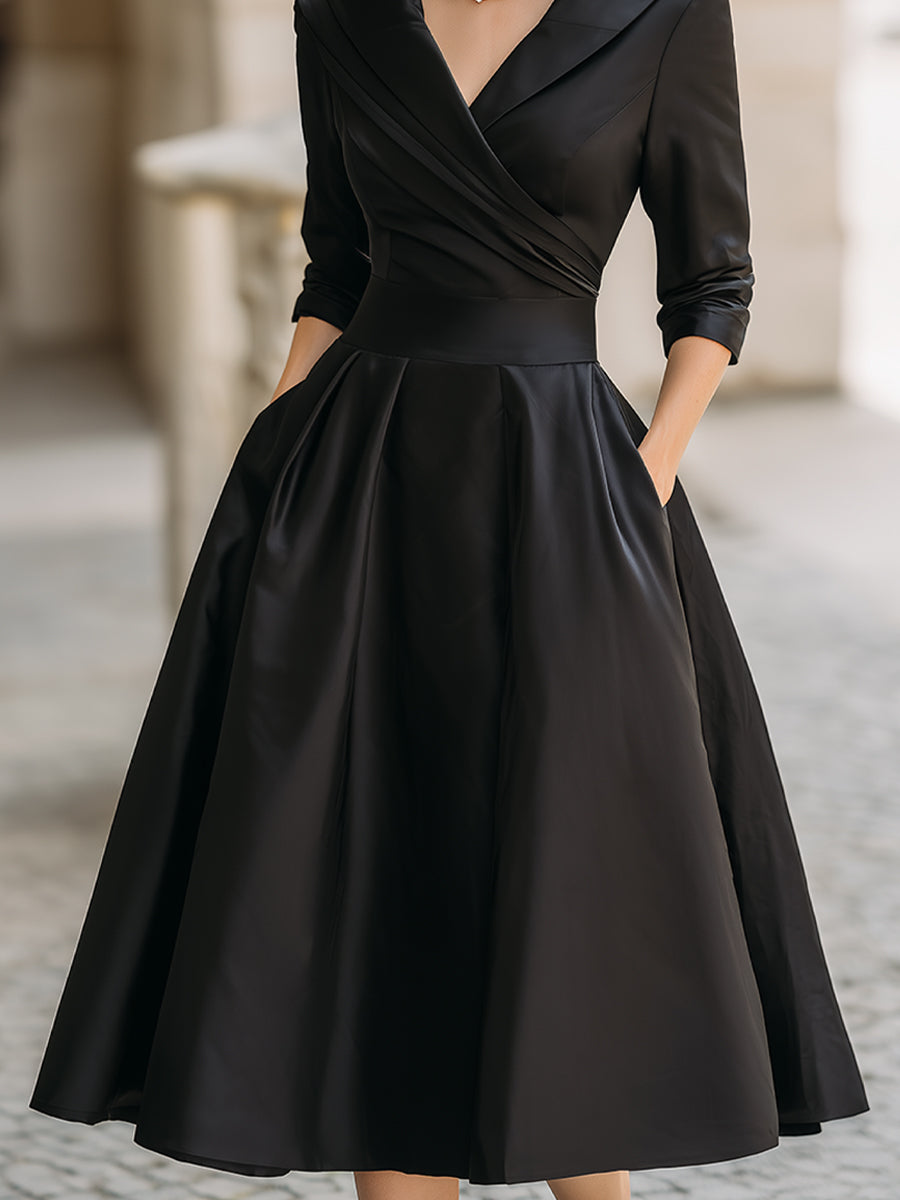 Satin Shawl Collar Wrap Ruched Fit and Flare Midi Dress Cocktail 3