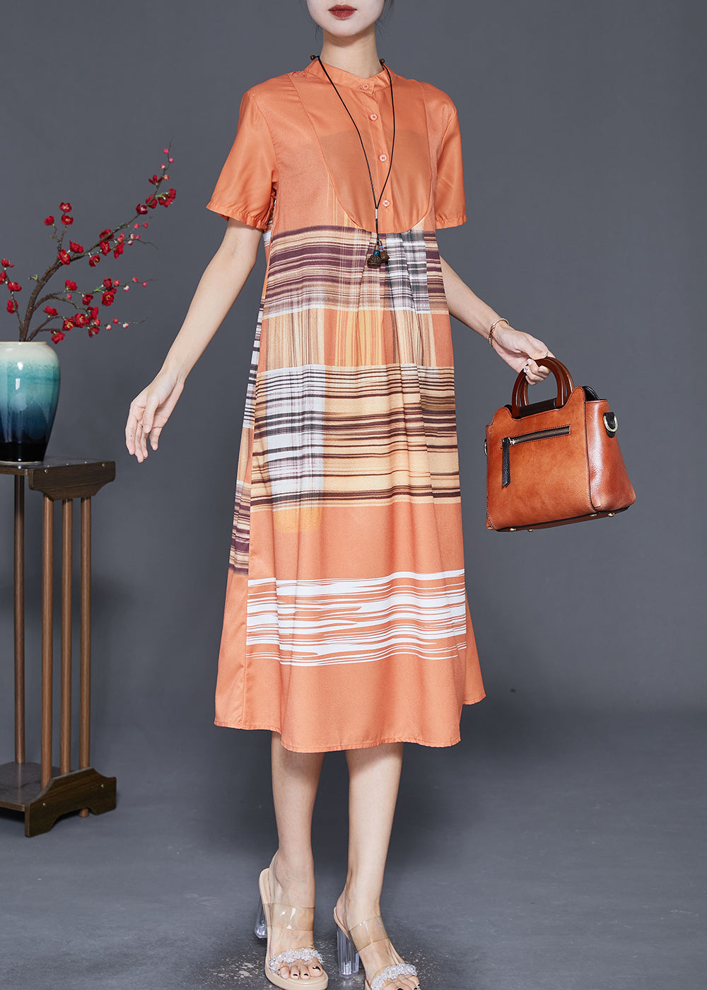 Patchwork Stripe Mandarin Collar Button Short Sleeve A-Line Midi Dress
