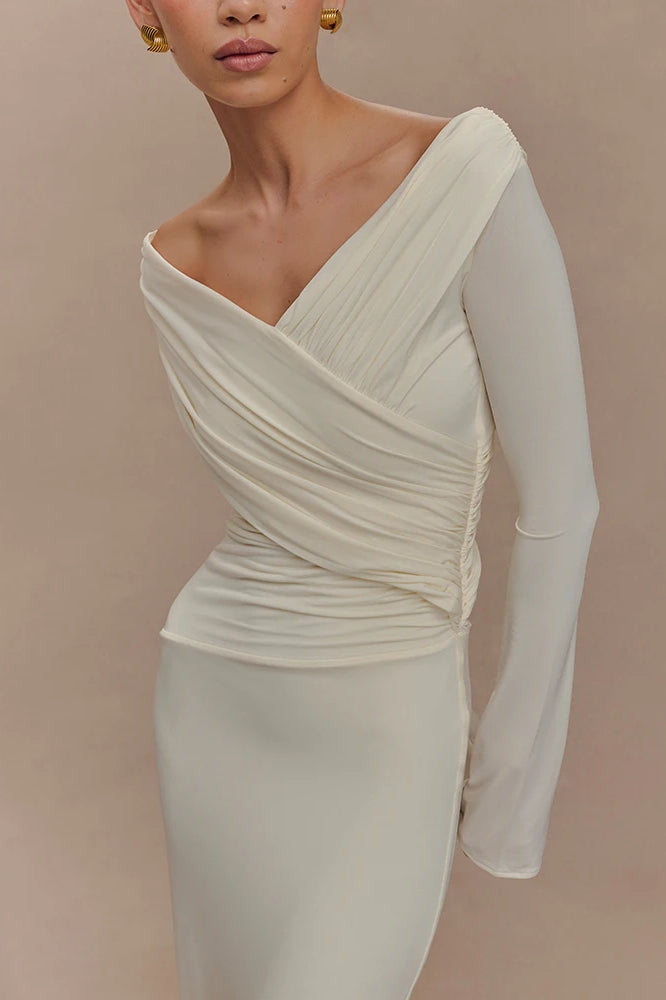 V Neck Long Sleeve Ruched High Waist Maxi Dress