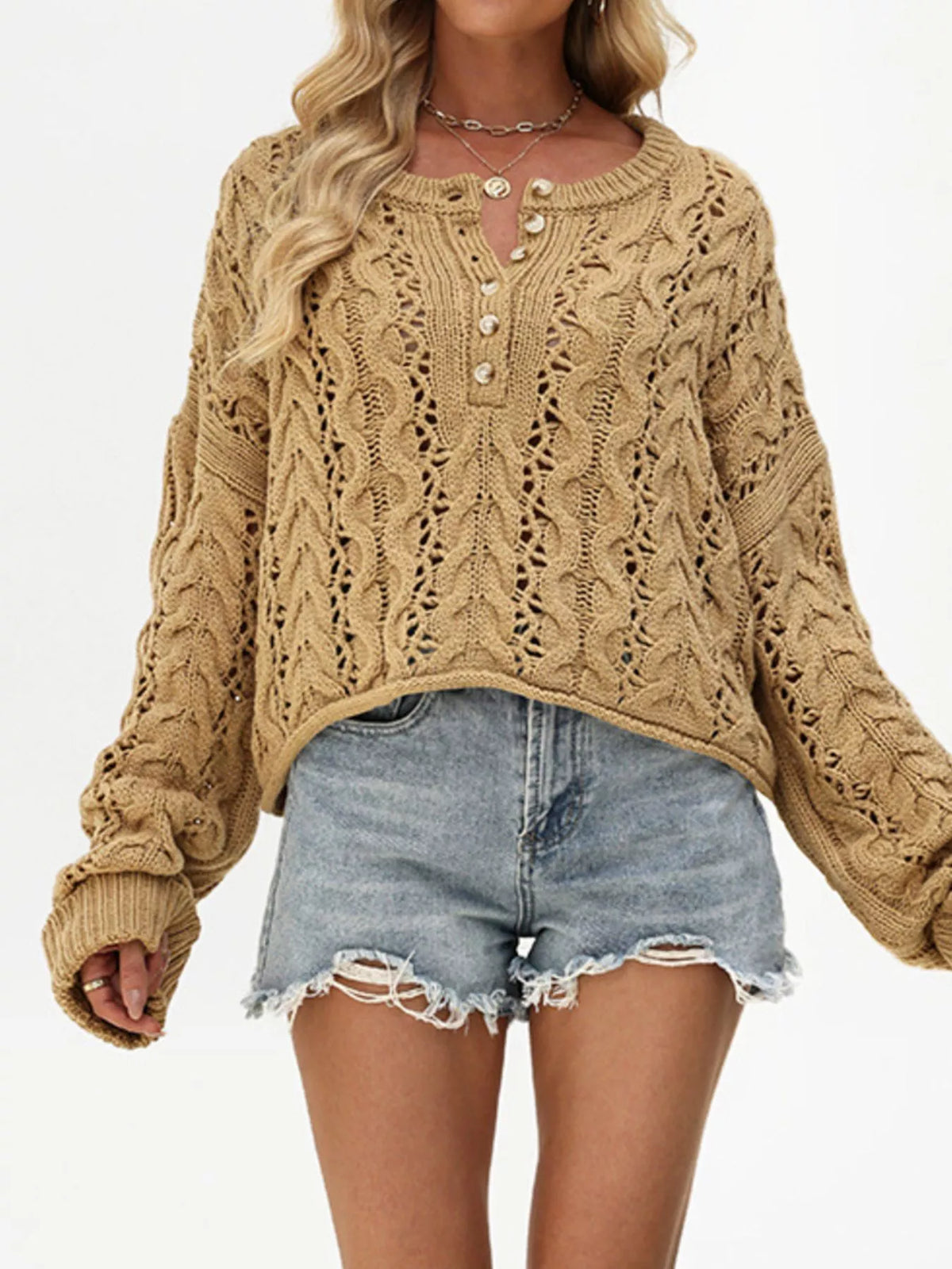 Round Neck Half Button Openwork Cable Knit Oversized Sweater 7