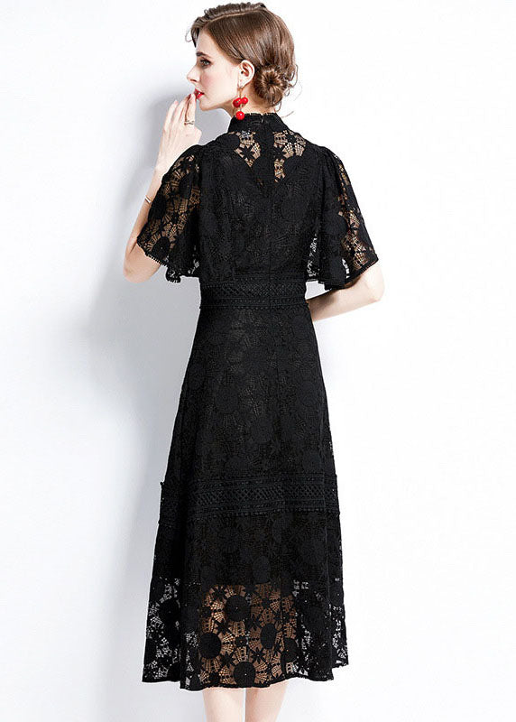Lace Mock Neck Flutter Sleeve A-Line Midi Dress