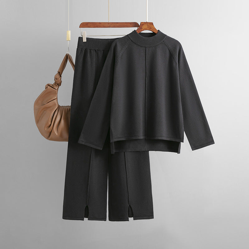 Solid color slit sweater wide-leg trousers two-piece set