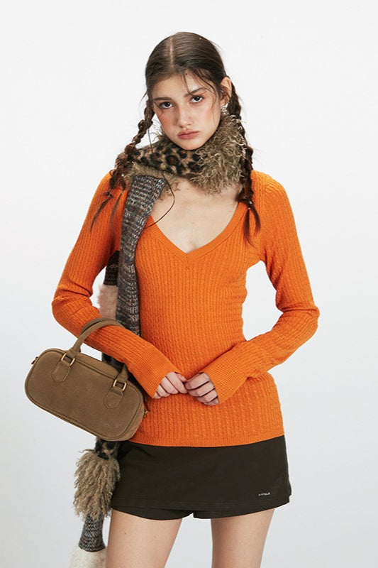 Deep V-Neck Solid Knit Top