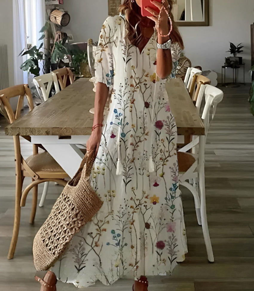 Andrea - Boho Vintage V-Neck Printed Dress Flowers