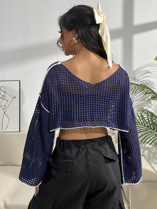 Number Patch Open Knit Flare Sleeve Contrast Trim Crop Top 2