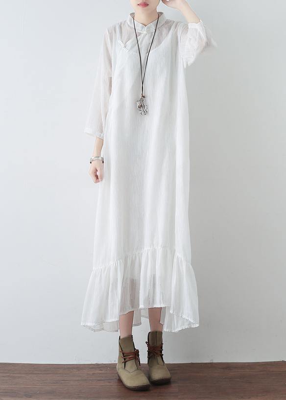 Mandarin Collar Frog Button Tiered Ruffle Gauze Maxi Dress