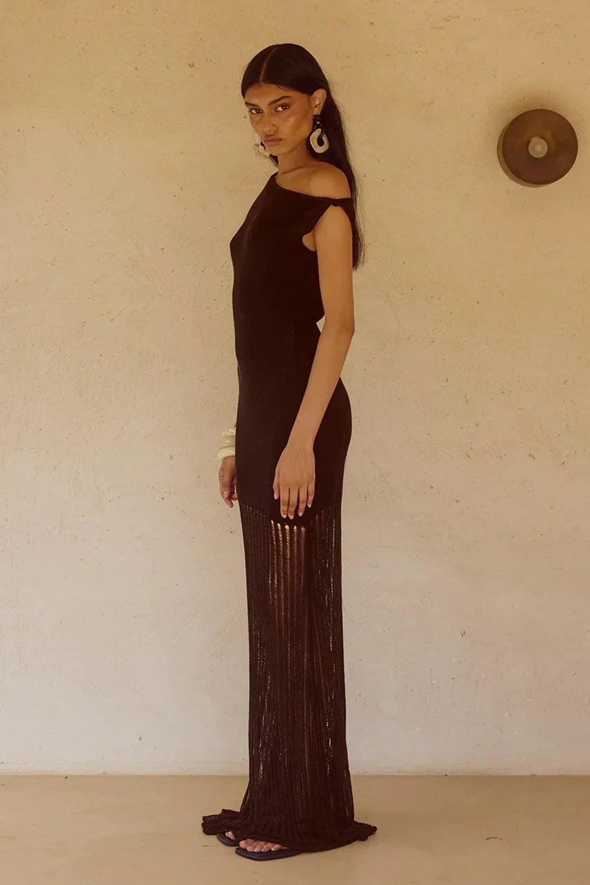 Asymmetric Neck Sleeveless Pointelle Knit Hem Bodycon Maxi Dress 4