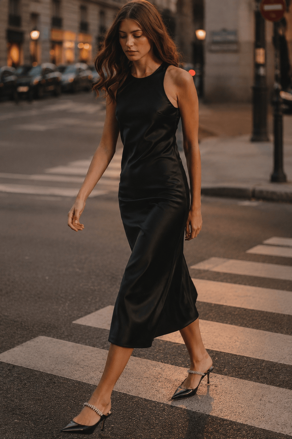 Black Satin Sleeveless Slip Dress