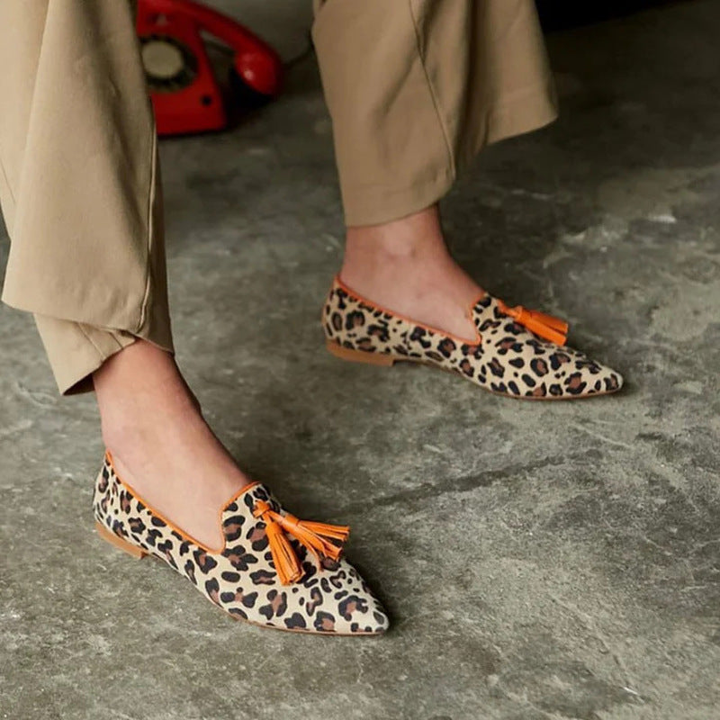 Leopard Print Tassel Low Block Heel Loafers