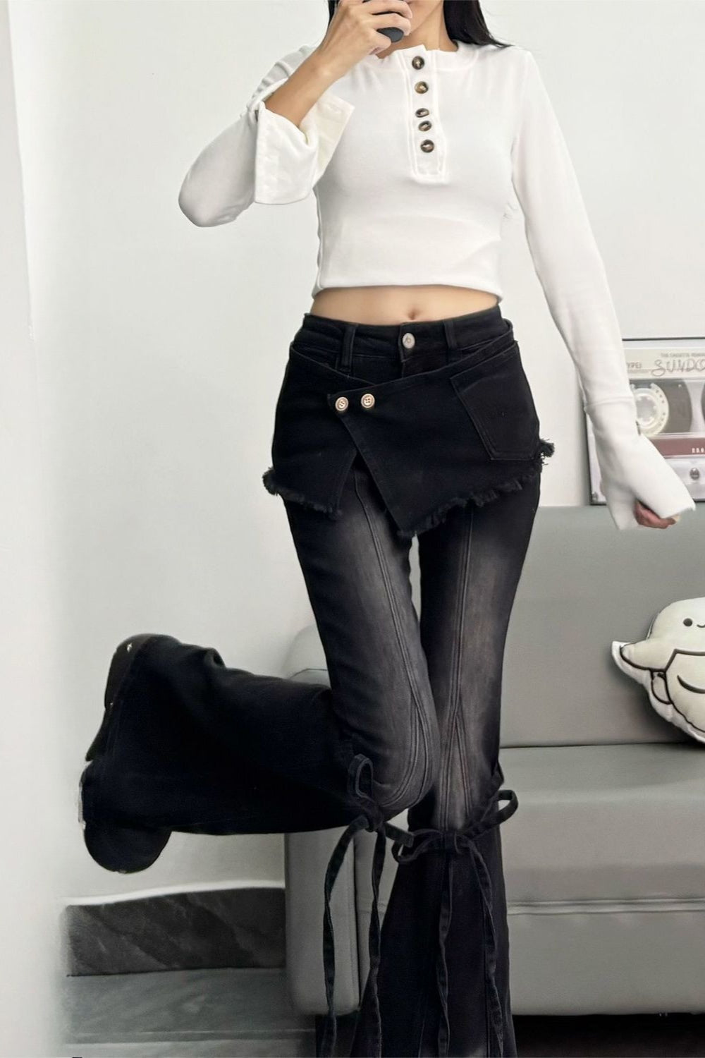 Y2K Vintage Bow Accent High Waist Slim Flare Jeans