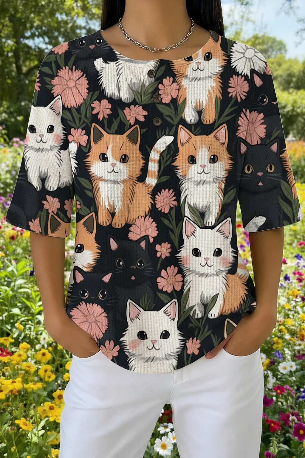 Womens Black Multi-Cat Portrait Print Casual Shirt