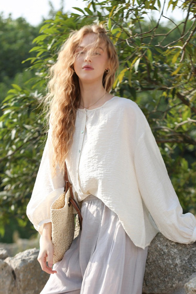 Round Neck Lantern Sleeve Button Front Loose Blouse 2
