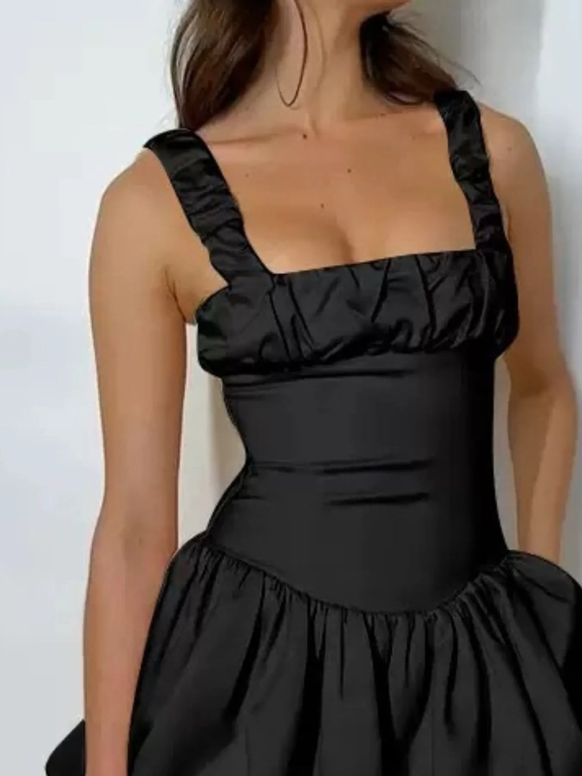 Square Neck Ruched Bust Ruffle Strap Bubble Hem Mini Dress 10