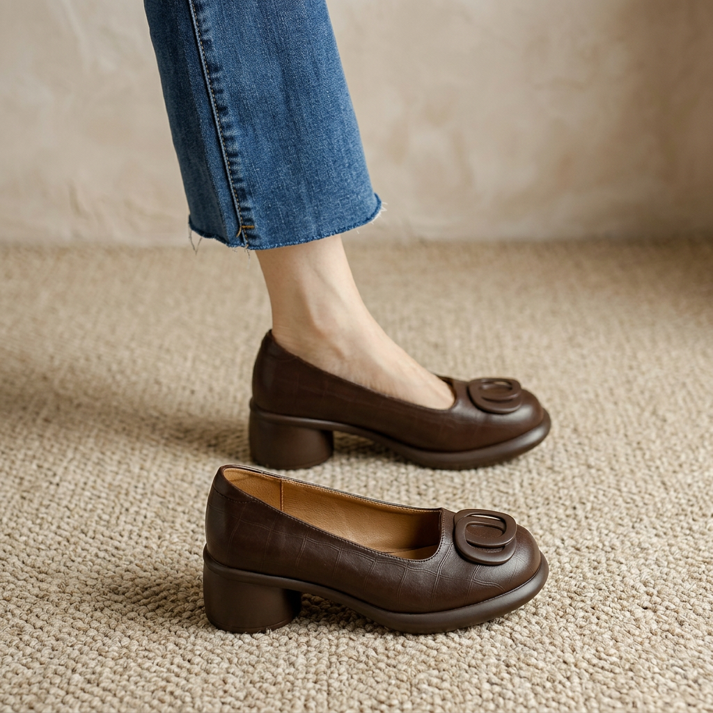 Round Toe Slip On Block Heel Loafers