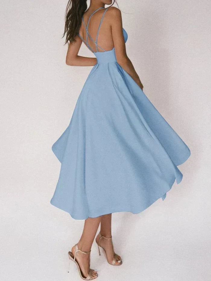 Deep V-Neck Double Spaghetti Strap Pleated A-Line Formal Gown