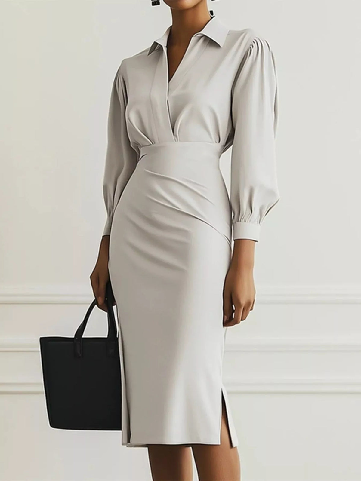 Collared V-Neck Puff Sleeve Ruched Side Slit Midi Shirt Dress 4