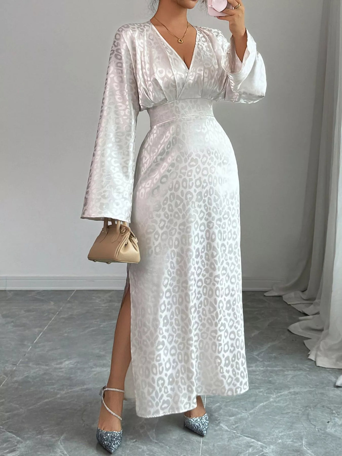 Leopard Satin Jacquard Surplice Long Sleeve Side Split Maxi Dress 3