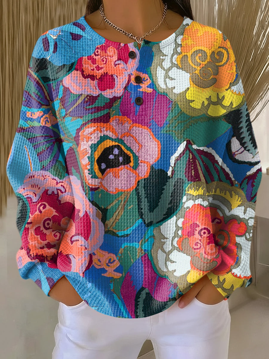 Floral Print Waffle Knit Button Placket Long Sleeve Sweatshirt