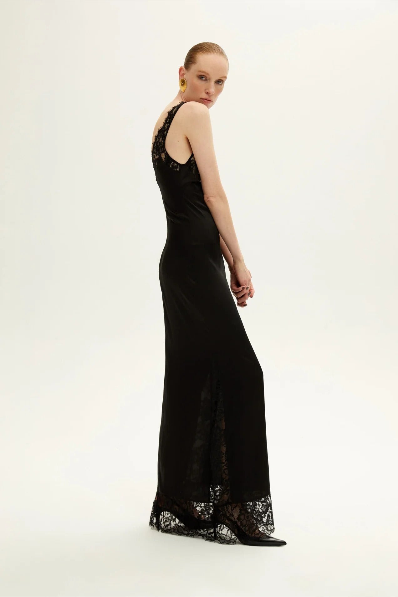 Satin Deep V-Neck Lace Bodice Lace Trim Hem Slip Maxi Gown