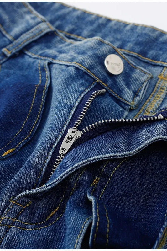 Hollow Button Patchwork Wide Leg Jeans