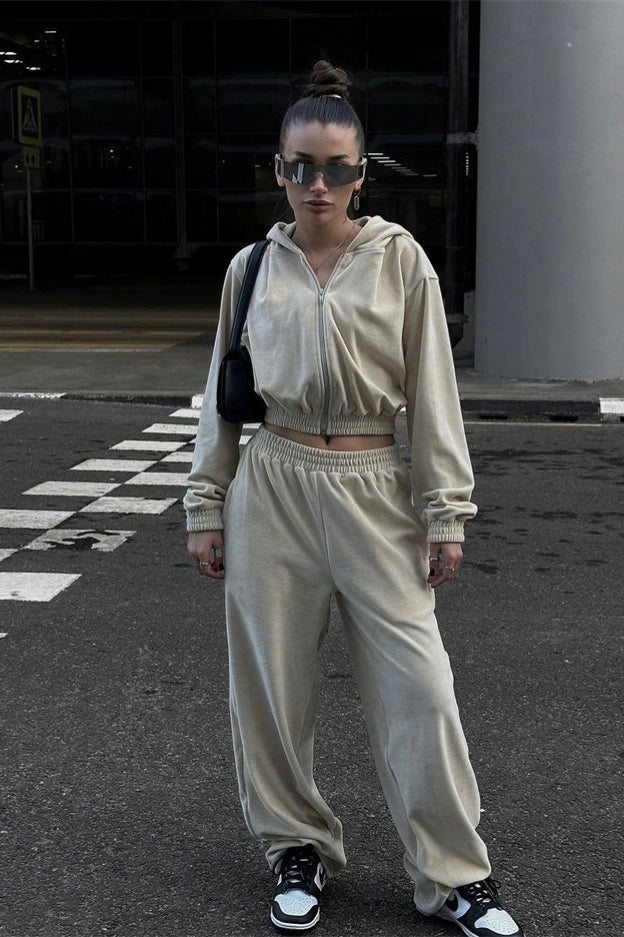 Velour Cropped Zip Front Hoodie and Elastic Waist Baggy Joggers Two Piece Set