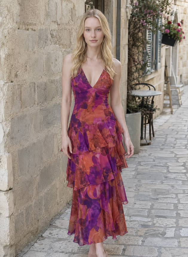Chiffon Halter Slim Ruffle Maxi Floral Dress