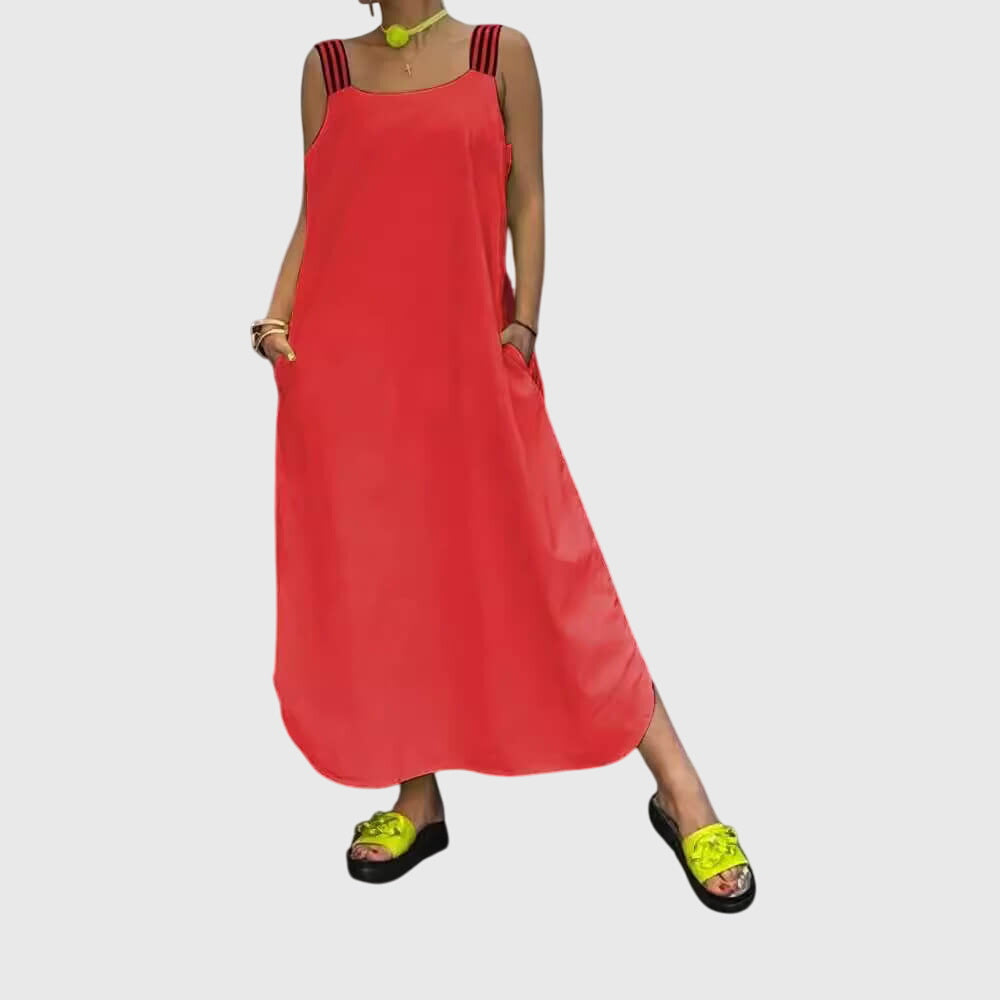 Contrast Strap Square Neck Side Pocket Maxi Dress