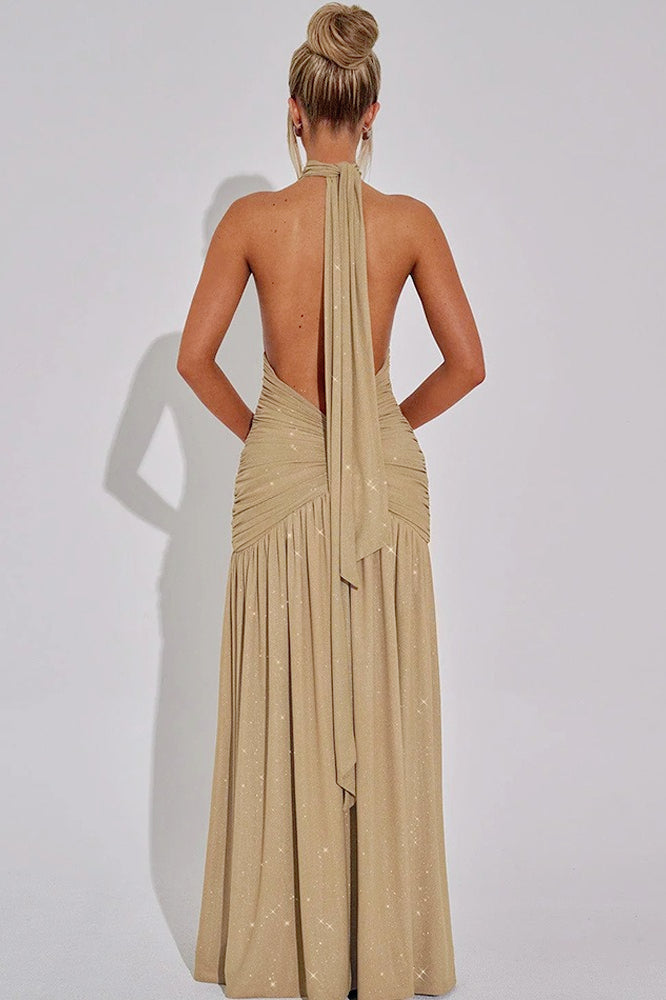 Glitter Halter Neck Plunge Ruched High Split Maxi Dress