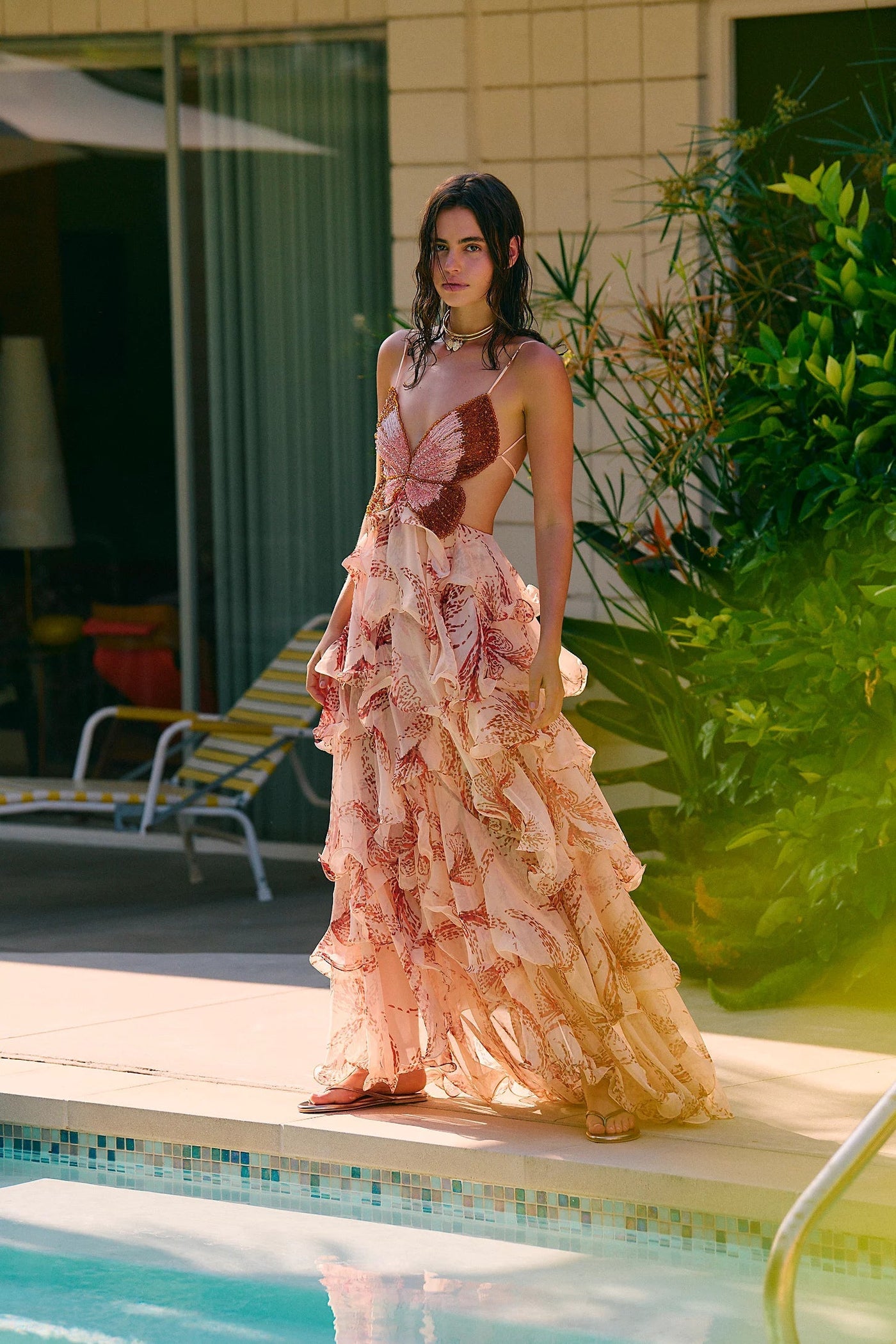 Butterfly Print Spaghetti Strap Tiered Ruffle Maxi Gown 7