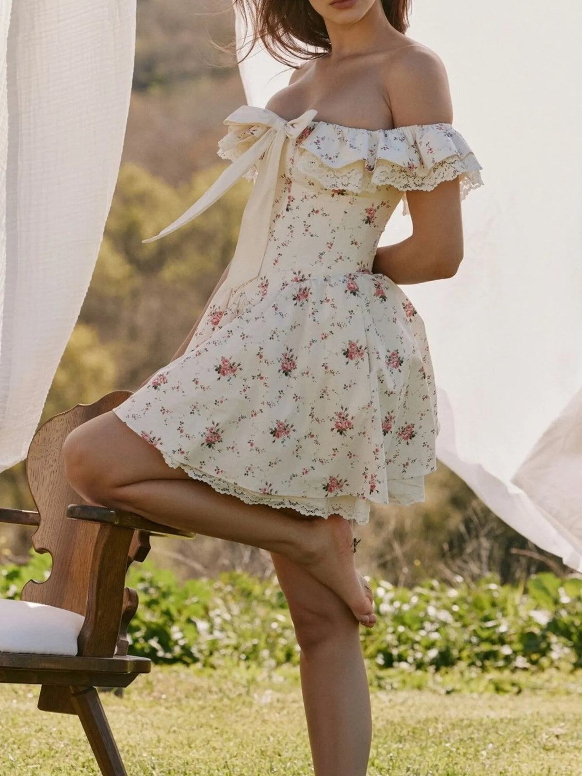Ditsy Floral Off Shoulder Ruffle Lace Trim Bow Front Mini Dress 4