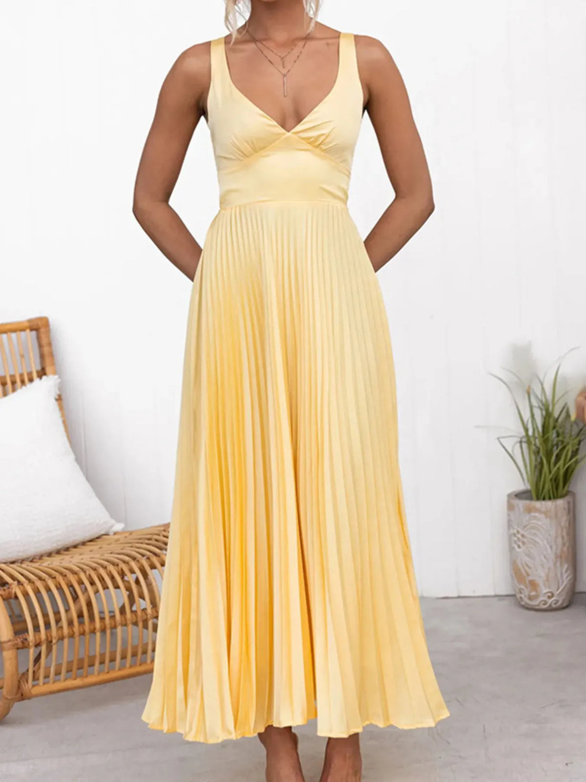 Satin V-Neck Sleeveless Empire Waist Pleated Maxi Dress 3