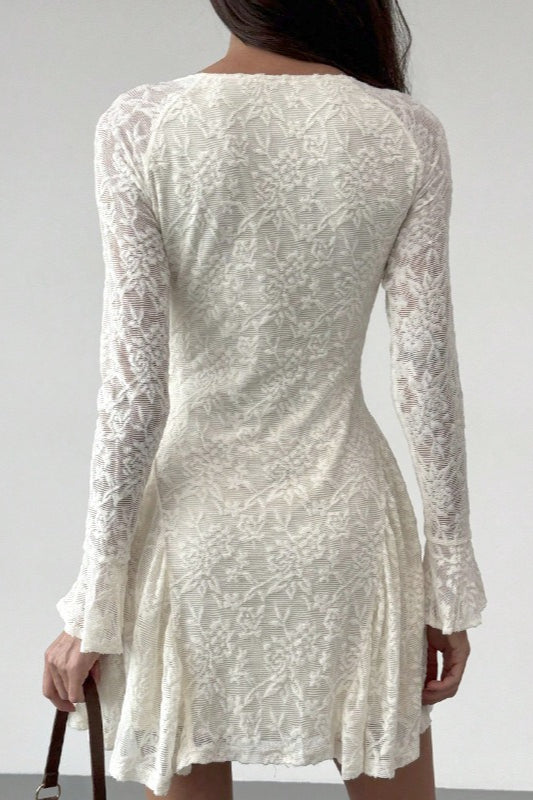 Lace Tie Front Ruched V-Neck Long Sleeve Bell Cuff Mini Dress
