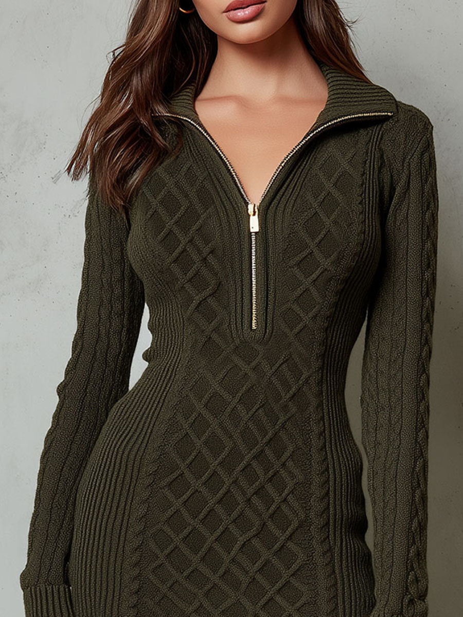 Half-Zip Collar Olive Green Knit Sweater Mini Dress