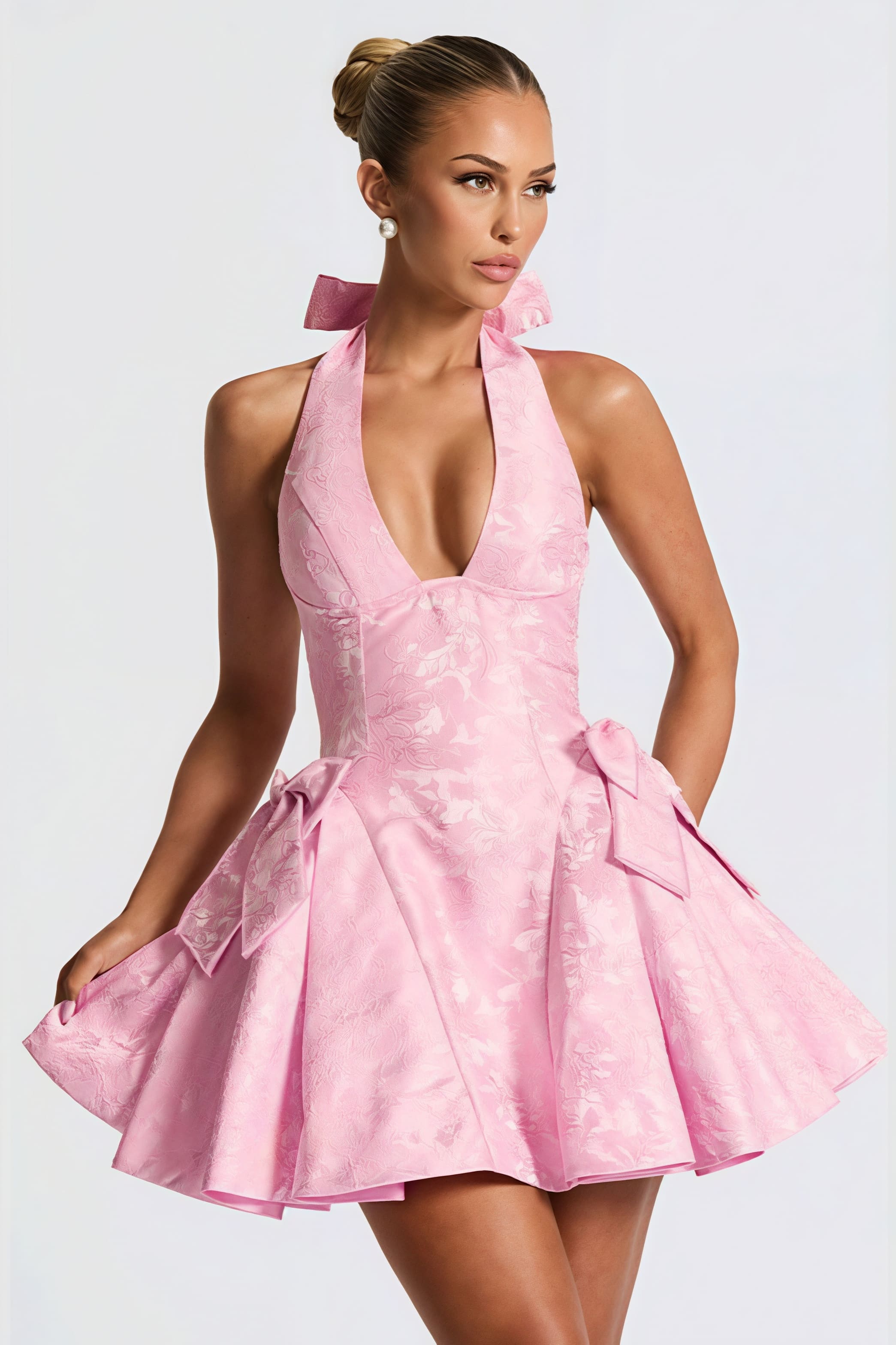 Jacquard Halter Deep V-Neck Bow Fit and Flare Mini Dress