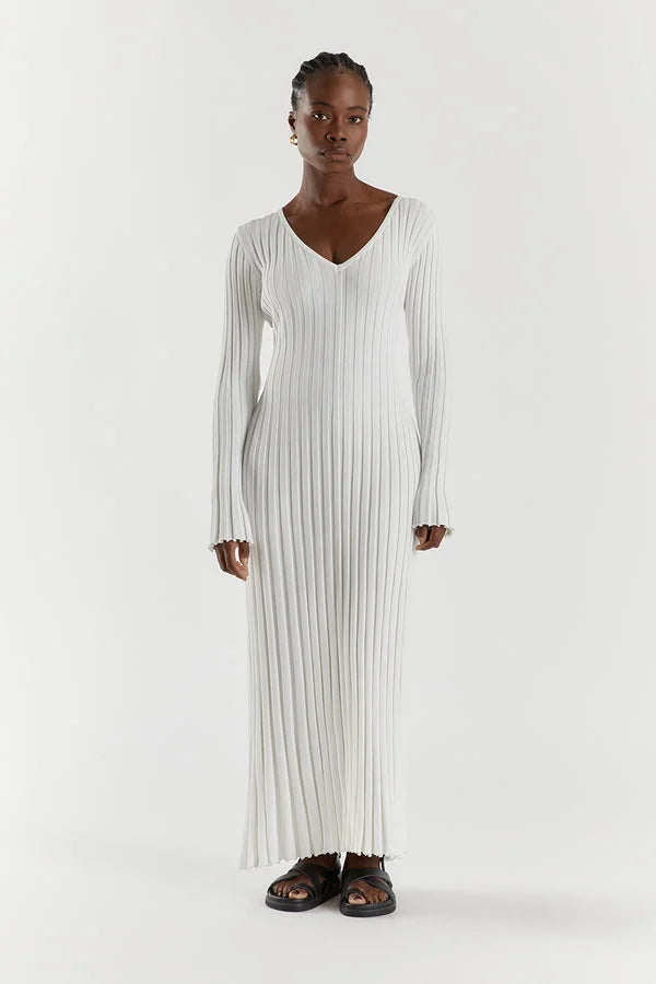 Minimalist Verónica Midi Dress with V Neck and Knitted Sleeves Elevated Occasion Wear