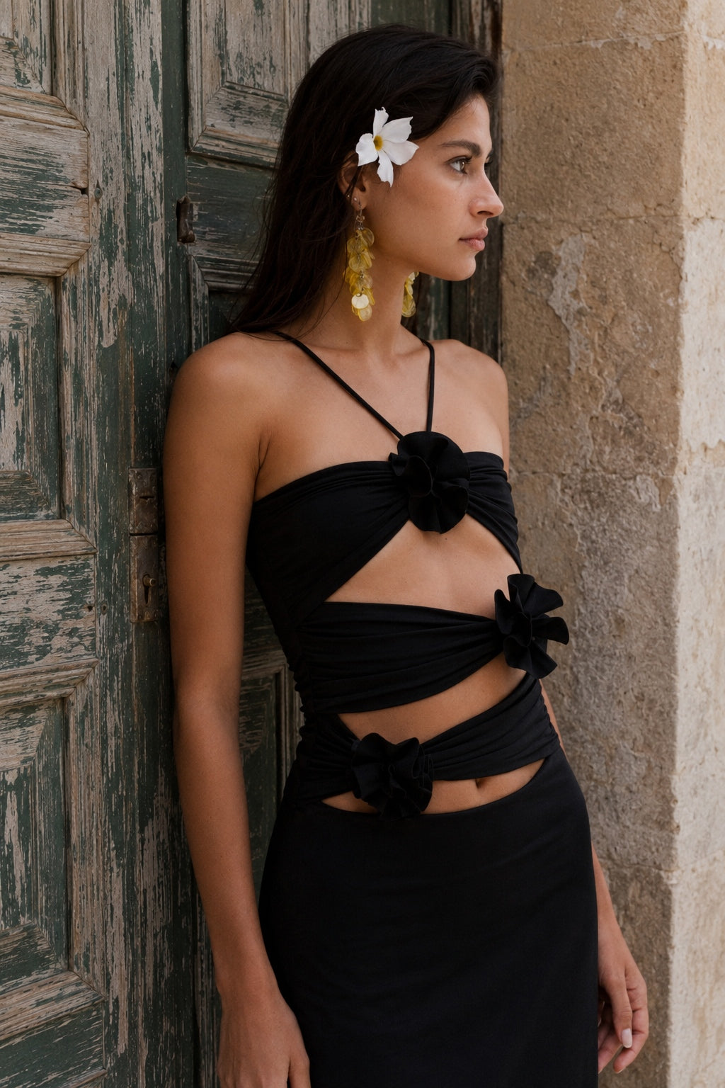 3D Floral Waist Cinch Cutout Halter Maxi Slip Dress