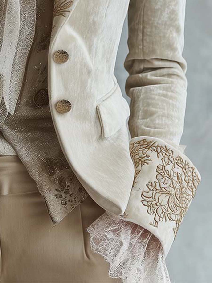 Velvet-Look Embroidered Lapel Lace Cuff Blazer