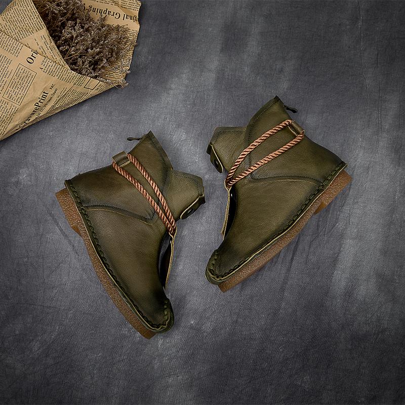 National Style Leather Short Boots For Women Rope Decoration Green/Brown