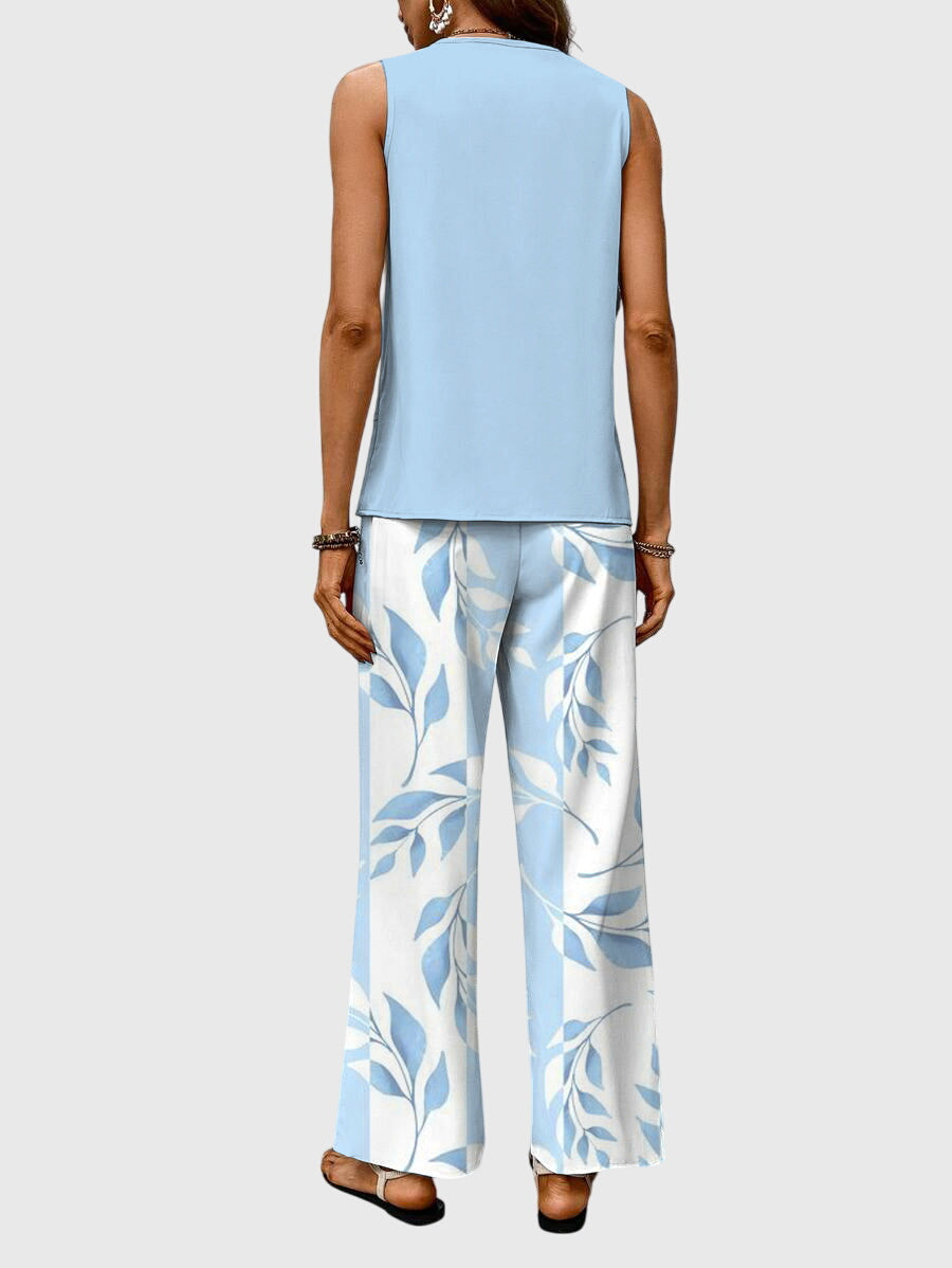 Sleeveless Top and Leaf Print Wide Leg Pants Two Piece Set